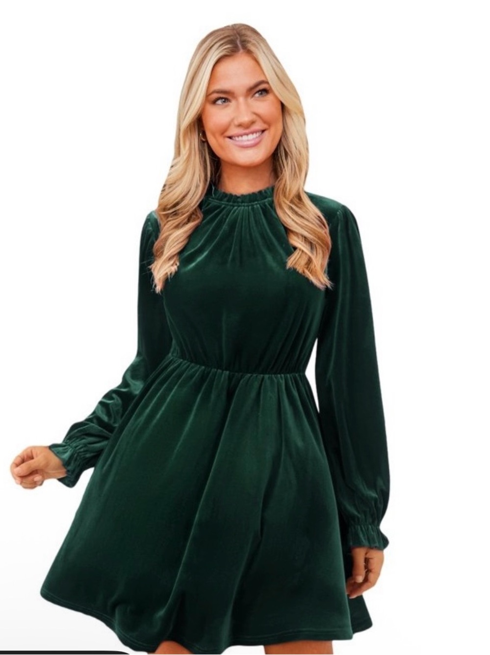 Cupshe Dark Green Velvet Long-Sleeve Fit & Flare Dress